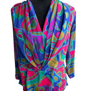 David Matthew Vintage Small Jewel Toned Faux Wrap Long Sleeve Blouse